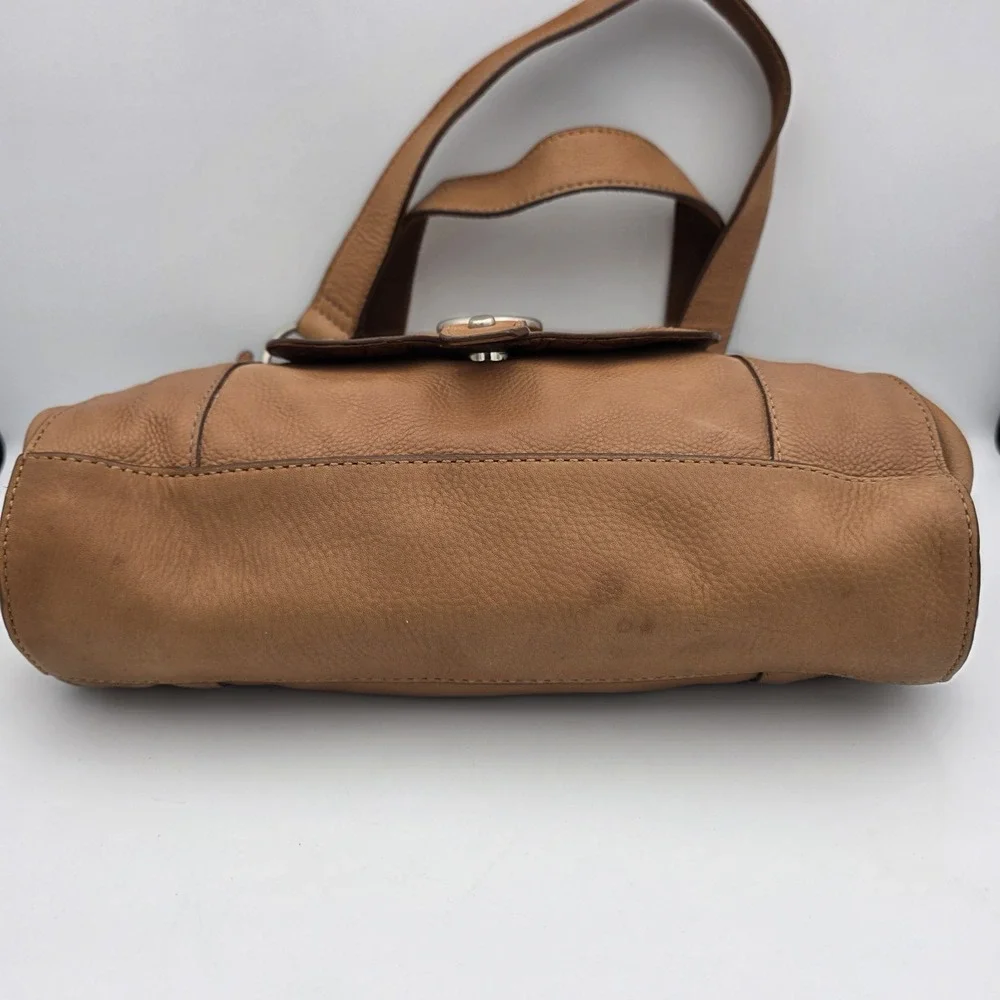 Vtg Fossil Maddox Tan Beige Leather Satchel Purse Bag Top Handles Lg. Key Charm